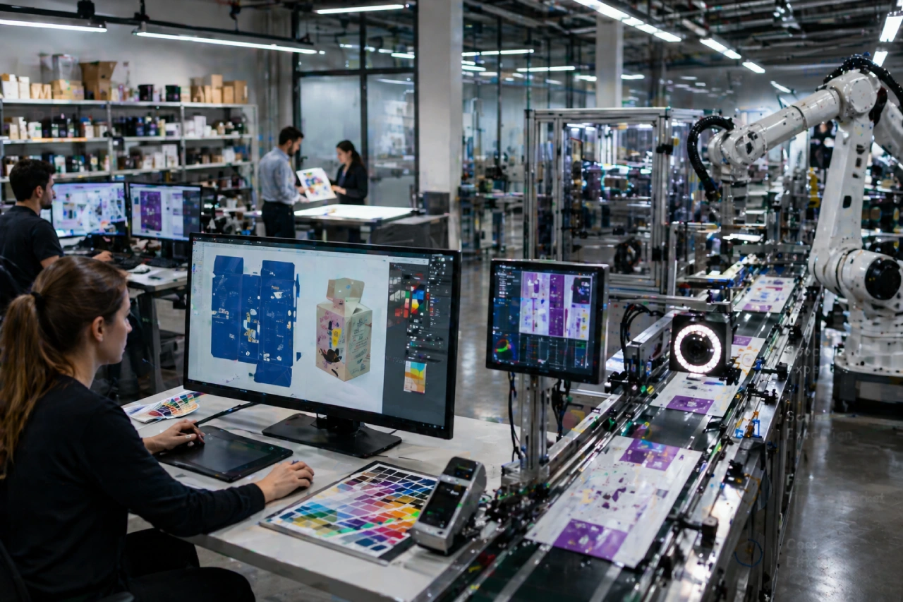 AI-driven packaging artwork management system with digital screens and automation