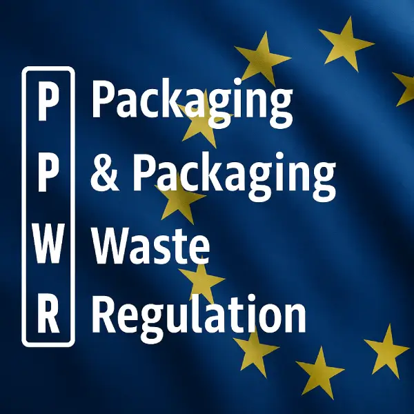 Blue EU flag with yellow stars and text about Packaging and Packaging Waste Regulation (PPWR) for 2025.