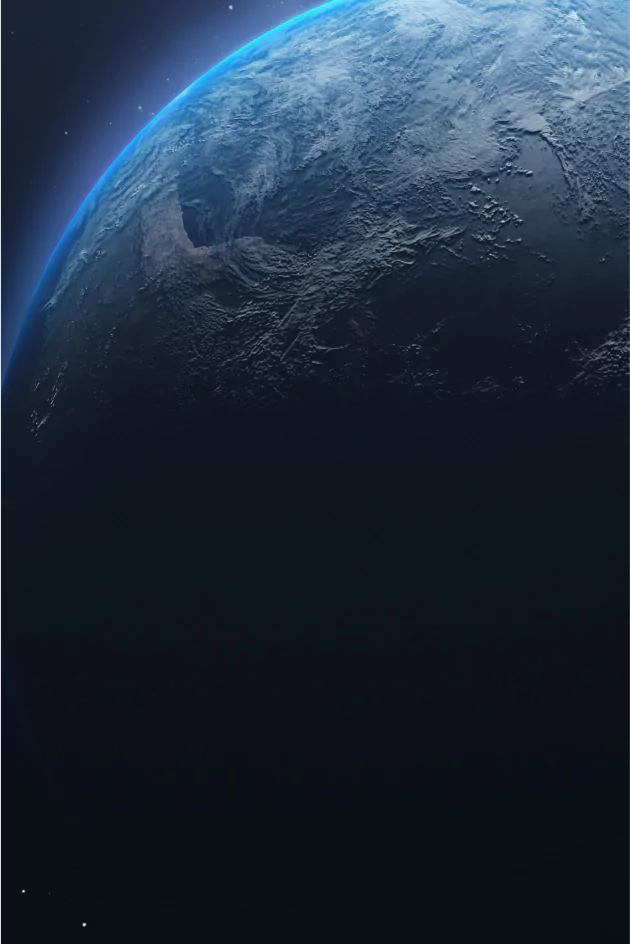 Detailed blue and white surface of Earth with sunlit edge, seen from space against a dark star background.