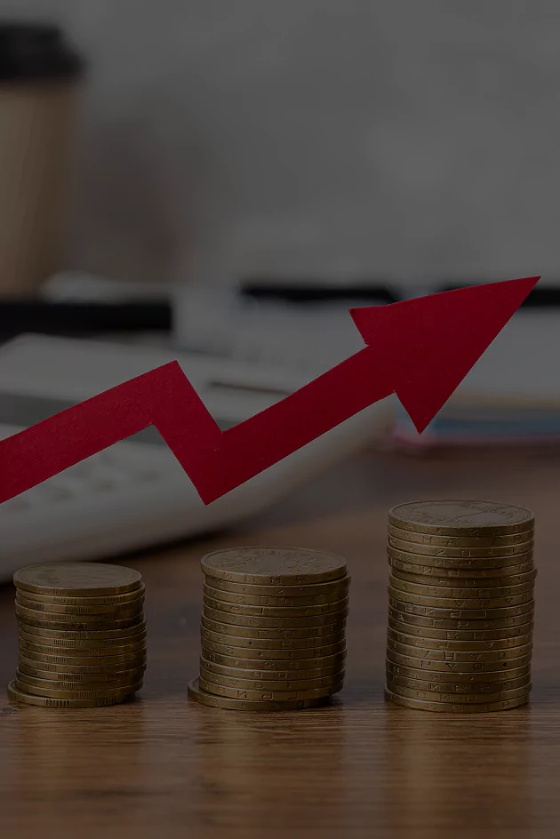 Multiple piles of gold coins arranged in increasing order with a bold upward red arrow, illustrating rising profits.