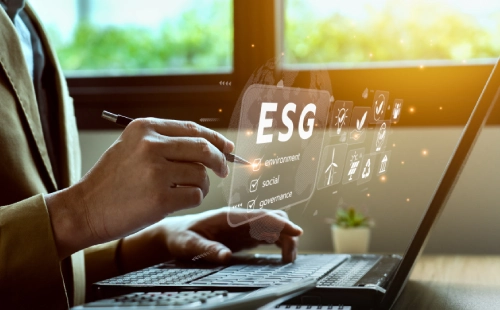 Person interacting with transparent ESG dashboard showing environment, social, governance