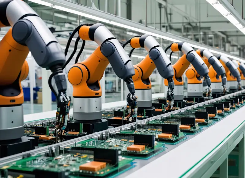 Robotic arms on an automated assembly line working with electronic circuit boards.
