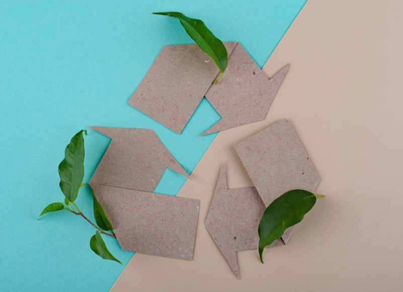 Cardboard arrows and green leaves forming a recycle symbol on pastel background.
