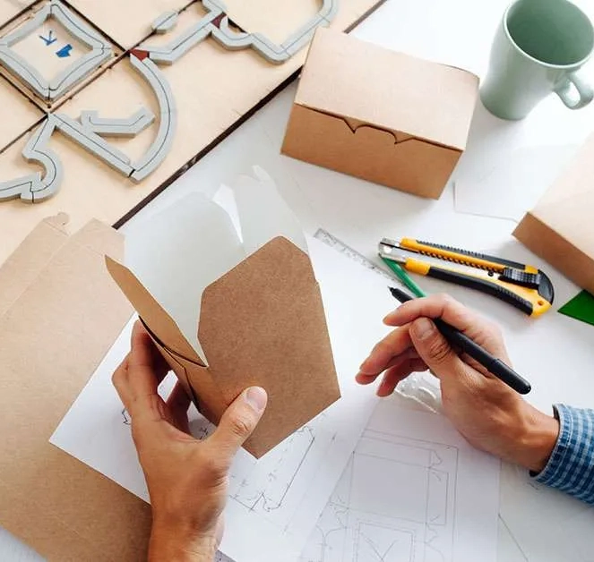 Hands construct paper package with design tools and box samples on the table